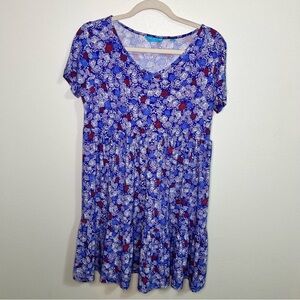 Tori Richard Floral Blue and Red Firework Print Women's dress